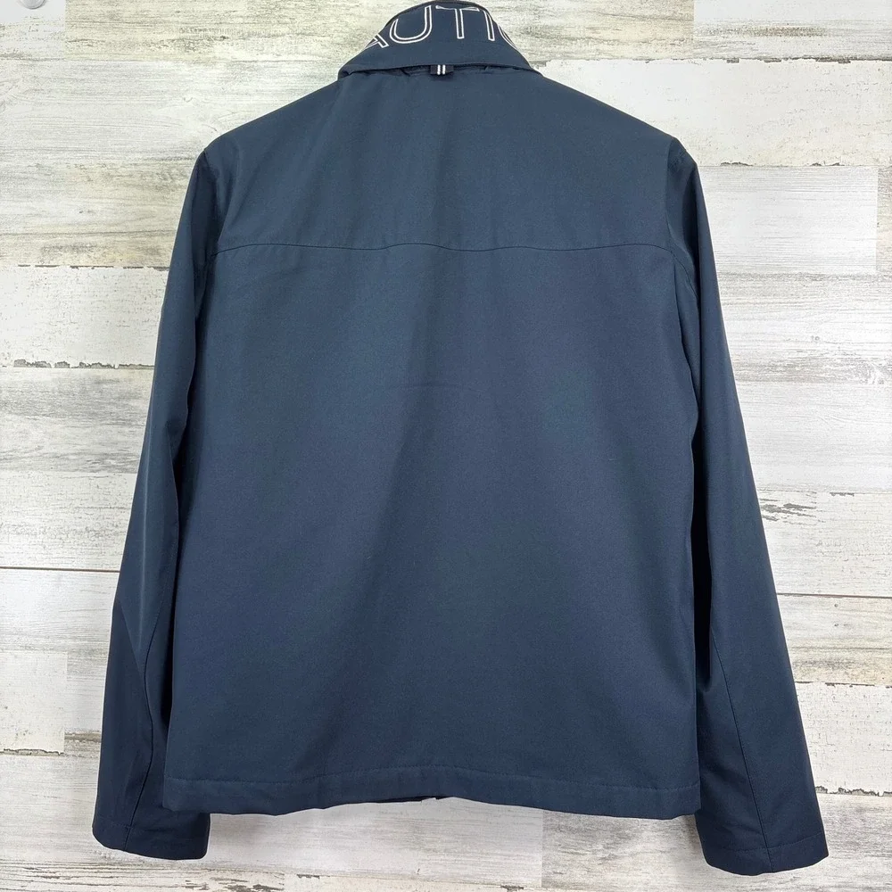 Nautica Mens Navy Blue Jacket Full Zip Hidden Hood Collar Logo Water Resistant S
